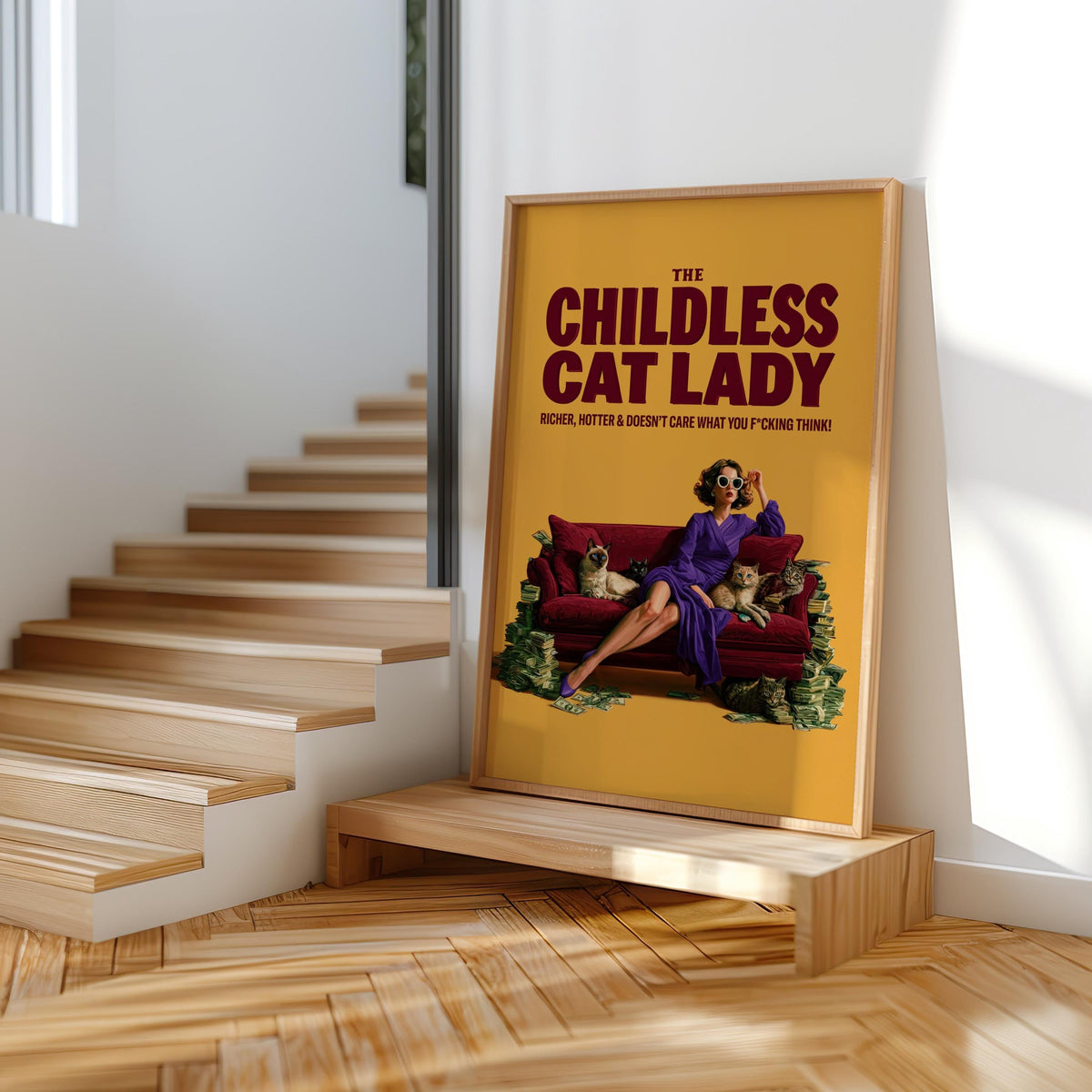 Childless Cat Lady Print, Funny Feminist Wall Art, Retro Pop Art Sarcastic Meme Poster, Independent Woman, Sassy Cat Lover Typography Decor