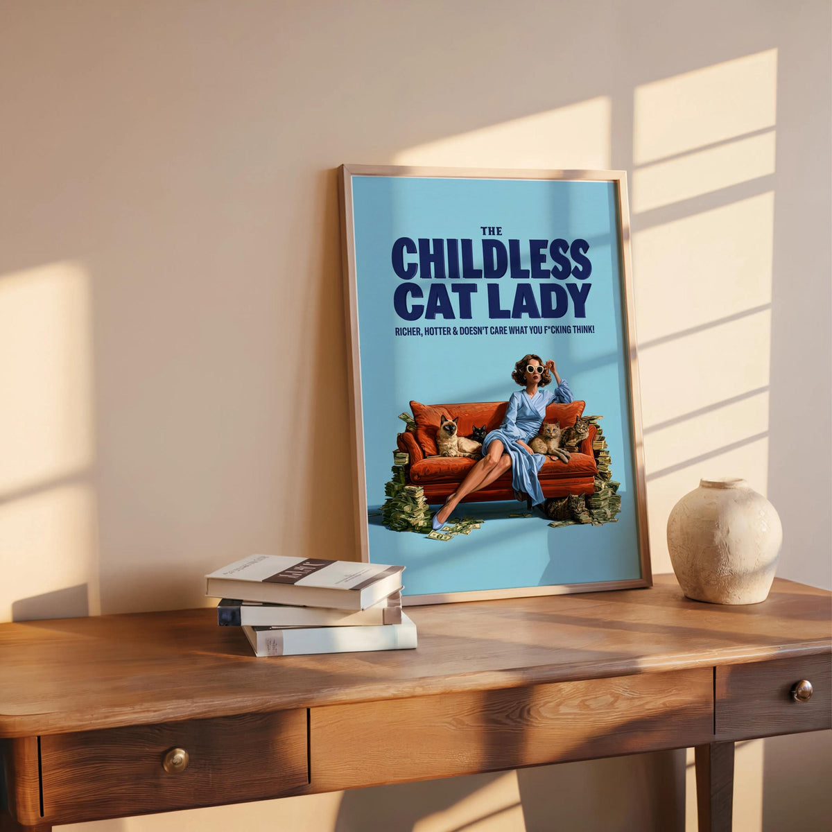 Childless Cat Lady Print, Funny Feminist Wall Art, Retro Pop Art Sarcastic Meme Poster, Independent Woman, Sassy Cat Lover Typography Decor