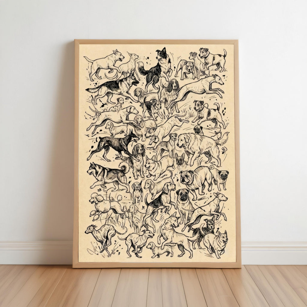 Dogs Sketch Print, Charcoal Dog Breeds Poster, Vintage Dog Drawing Wall Art, Retro Animal Illustration, Minimalist Pet Decor, Vet Nurse Gift