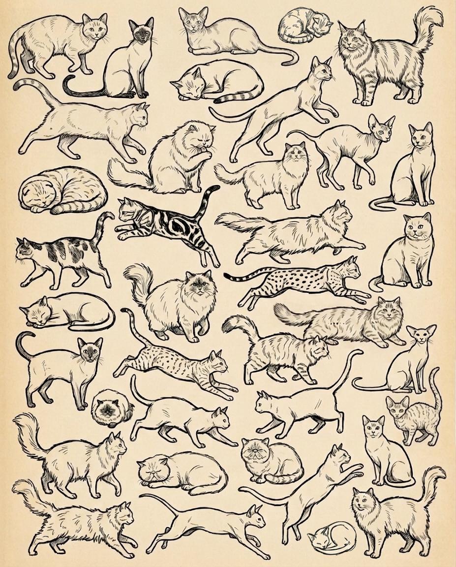 Cats Sketch Print, Vintage Cat Drawing, Retro Animal Illustration, Minimalist Pet Decor