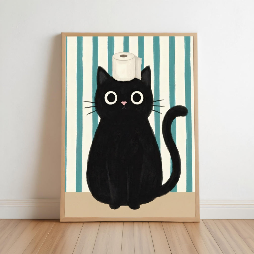 Funny Black Cat Bathroom Poster, Whimsical Restroom Print, Cute Toilet Paper Cat Wall Art, Minimal Bathroom Decor, Quirky Animal Lover Gift