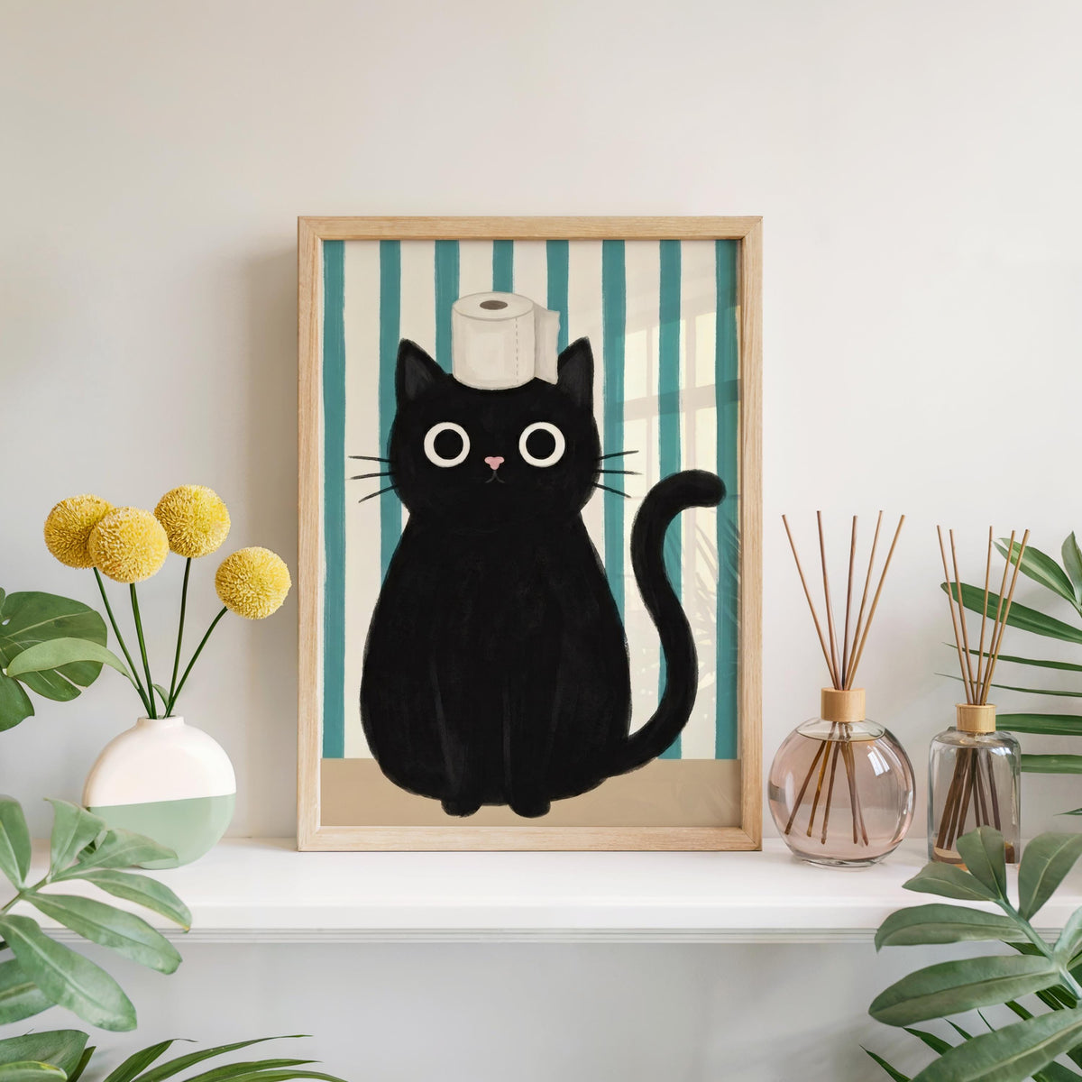 Funny Black Cat Bathroom Poster, Whimsical Restroom Print, Cute Toilet Paper Cat Wall Art, Minimal Bathroom Decor, Quirky Animal Lover Gift