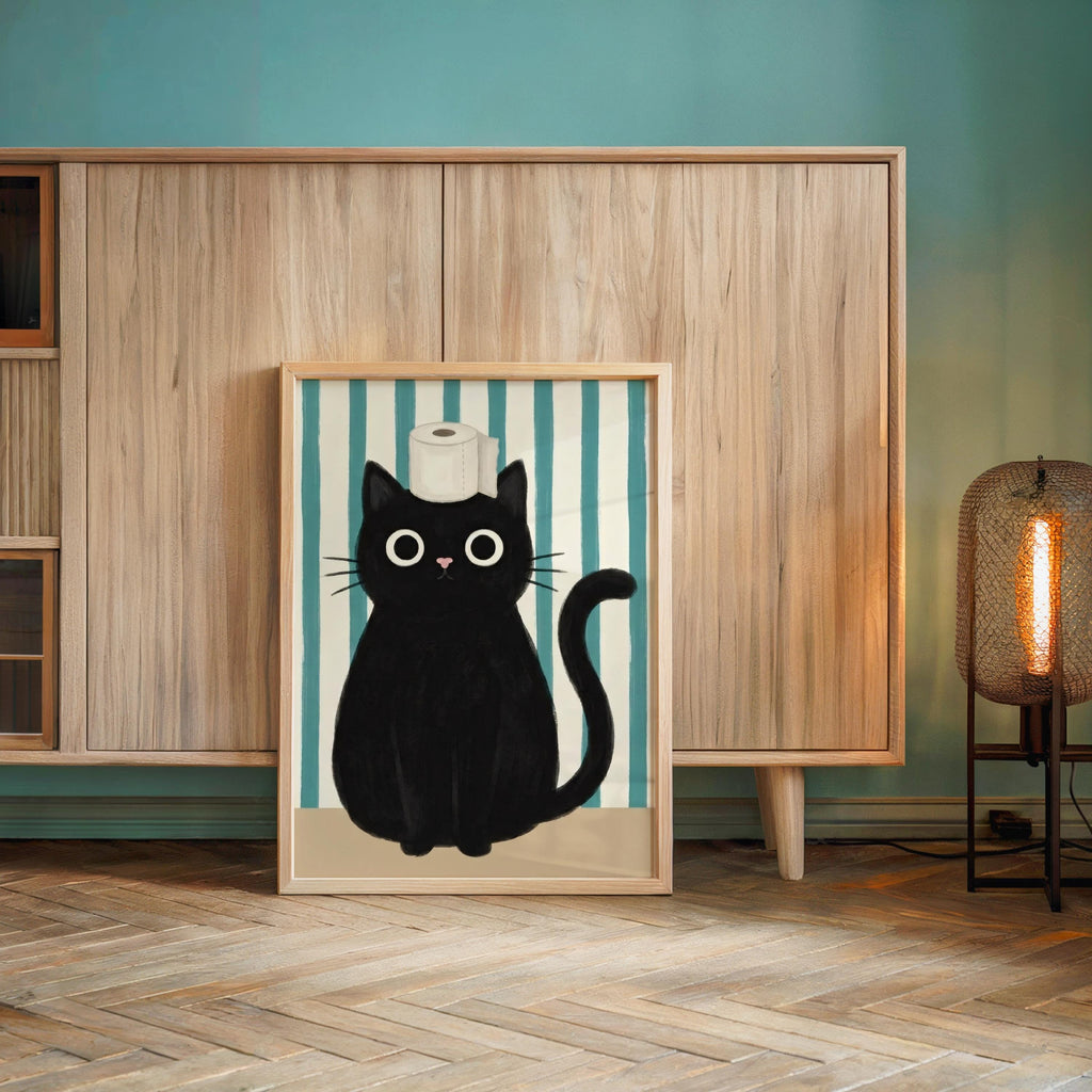 Funny Black Cat Bathroom Poster, Whimsical Restroom Print, Cute Toilet Paper Cat Wall Art, Minimal Bathroom Decor, Quirky Animal Lover Gift