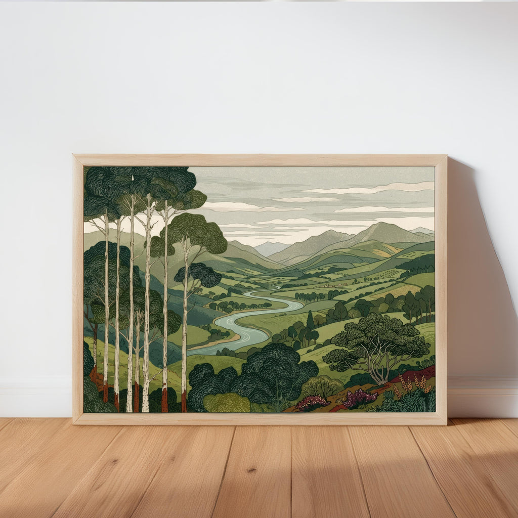 Vintage Mountain & Forest Landscape Print Wall Art, Horizontal Tall Trees Over Rolling Hills Poster, Living Room Japanese Style Nature Decor