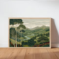 Vintage Mountain & Forest Landscape Print Wall Art, Horizontal Tall Trees Over Rolling Hills Poster, Living Room Japanese Style Nature Decor