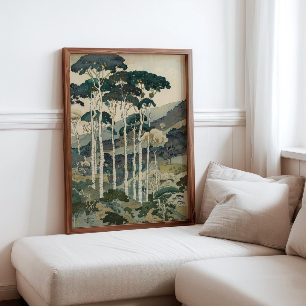 Vintage Tall Trees Over Rolling Hills Print, Forest & Mountain Landscape Wall Art, Living Room Poster, Japanese Style Nature Woodblock Decor