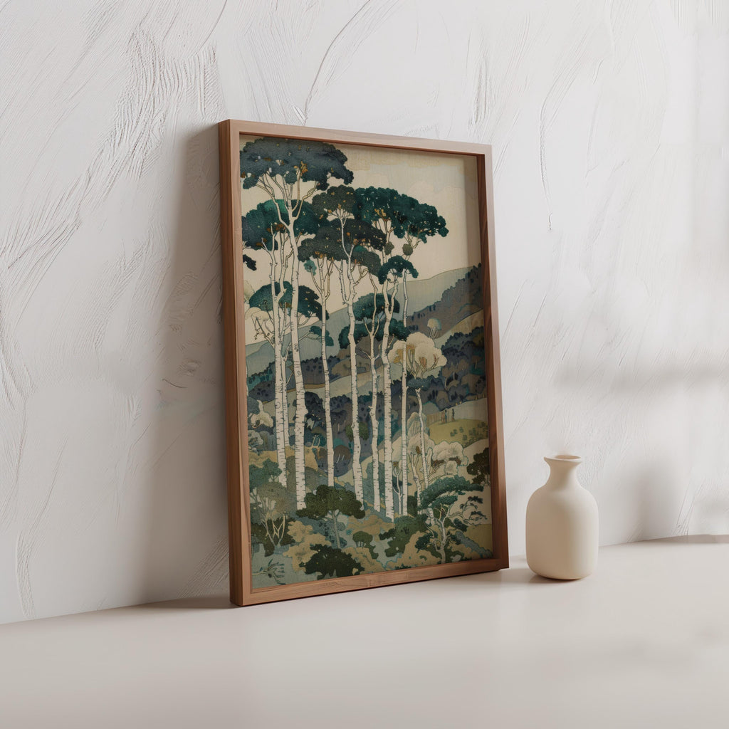 Vintage Tall Trees Over Rolling Hills Print, Forest & Mountain Landscape Wall Art, Living Room Poster, Japanese Style Nature Woodblock Decor