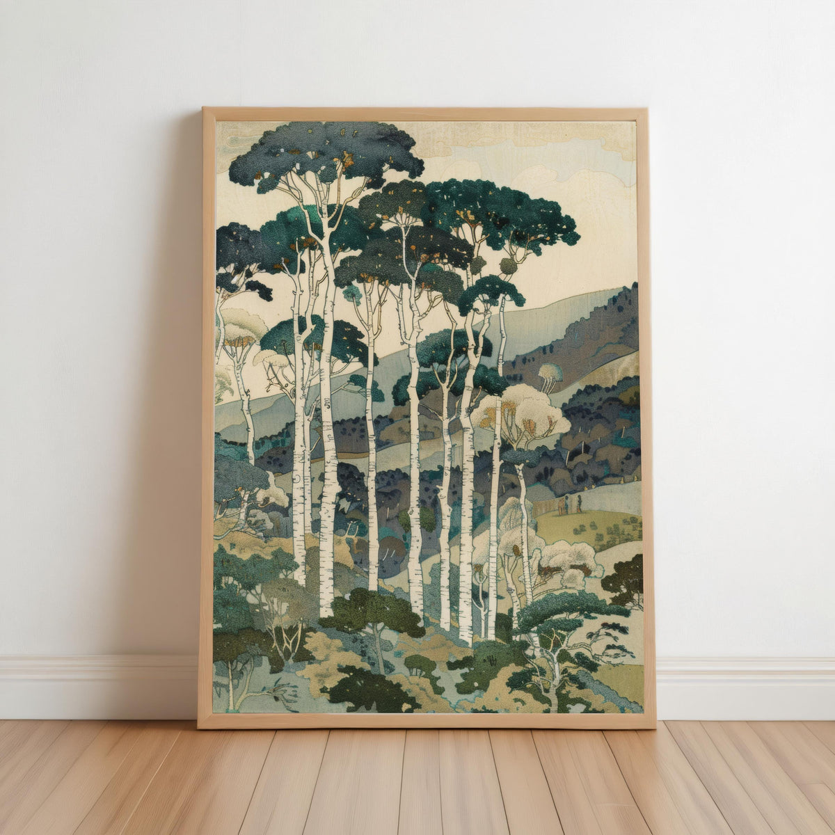 Vintage Tall Trees Over Rolling Hills Print, Forest & Mountain Landscape Wall Art, Living Room Poster, Japanese Style Nature Woodblock Decor