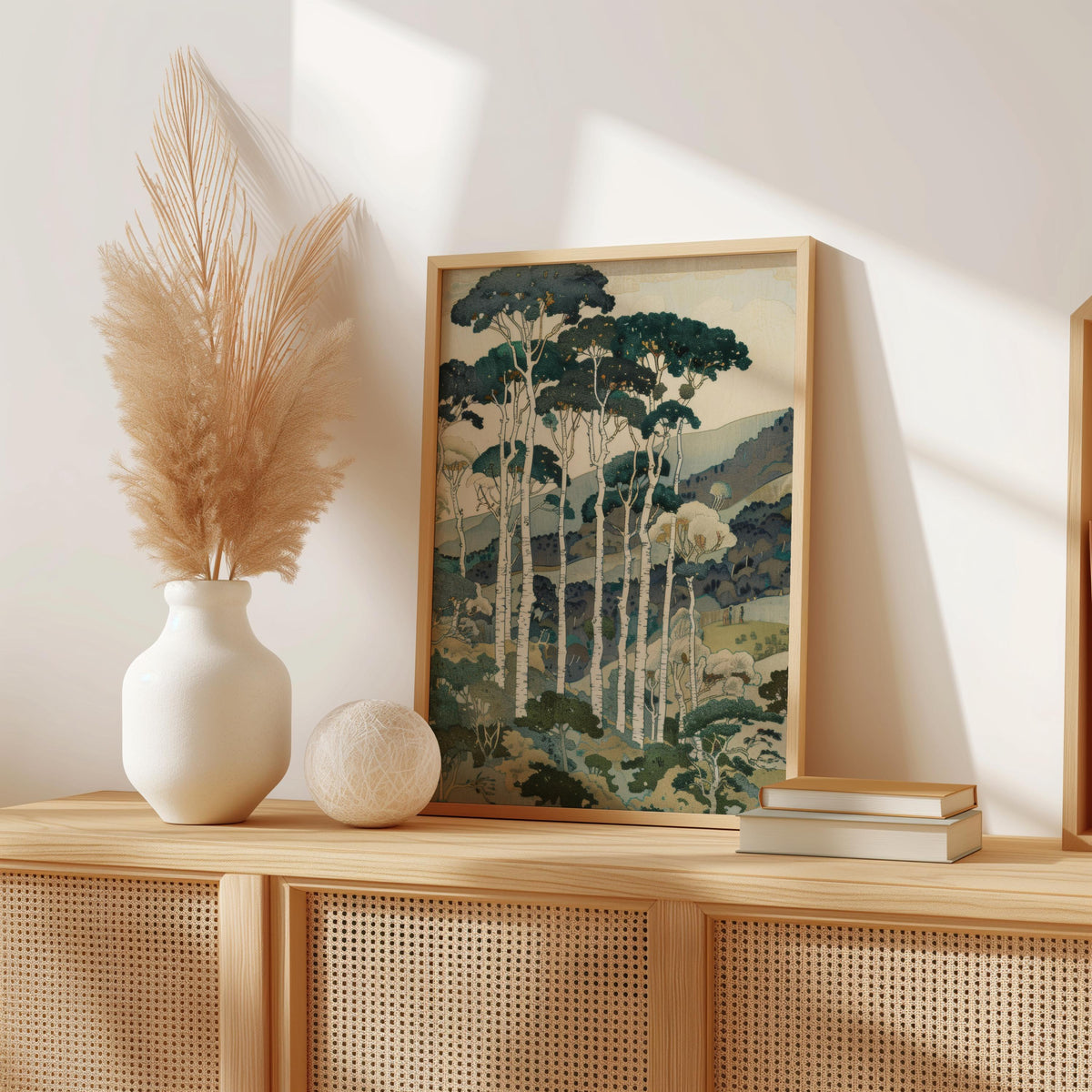 Vintage Tall Trees Over Rolling Hills Print, Forest & Mountain Landscape Wall Art, Living Room Poster, Japanese Style Nature Woodblock Decor