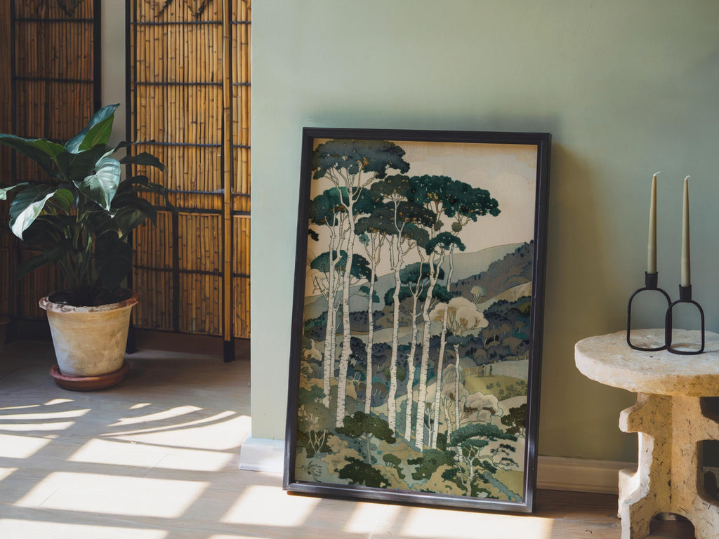 Vintage Tall Trees Over Rolling Hills Print, Forest & Mountain Landscape Wall Art, Living Room Poster, Japanese Style Nature Woodblock Decor