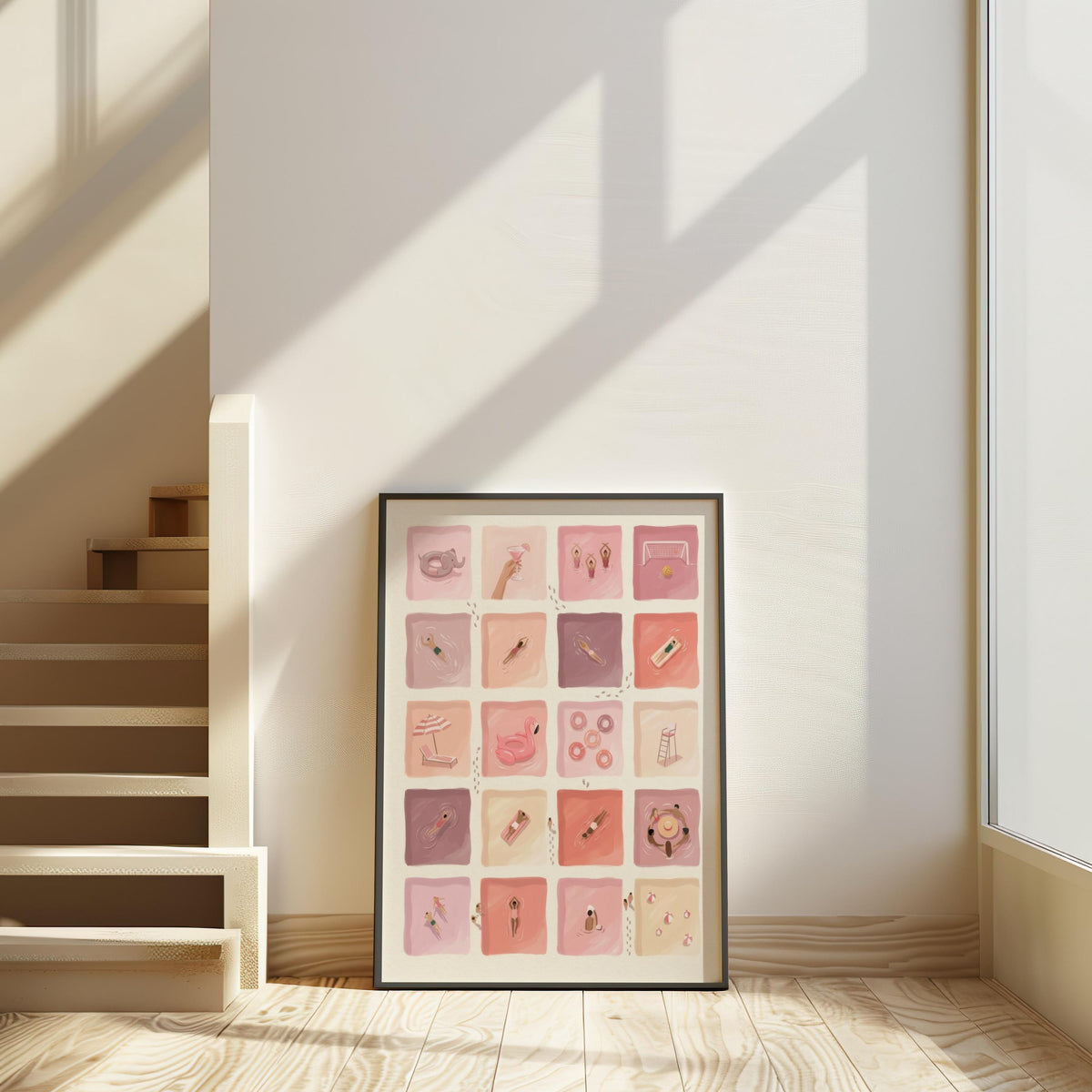 Pastel Pink Stripe Swimmer Wall Art, Mid Century Beach Print, Whimsical Sport Canvas, Vintage Pool Bathroom Decor, Retro Summer Home Poster