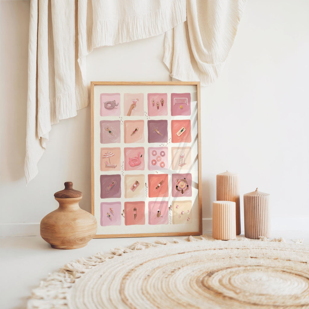 Pastel Pink Stripe Swimmer Wall Art, Mid Century Beach Print, Whimsical Sport Canvas, Vintage Pool Bathroom Decor, Retro Summer Home Poster