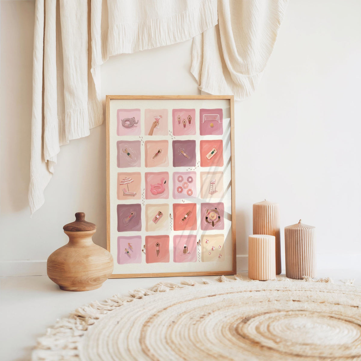 Pastel Pink Stripe Swimmer Wall Art, Mid Century Beach Print, Whimsical Sport Canvas, Vintage Pool Bathroom Decor, Retro Summer Home Poster