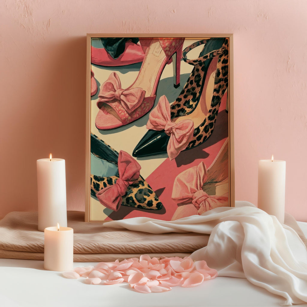 Pink high heels poster propped against a blush wall, candles and silk scarf, coquette aesthetic dressing room vibe