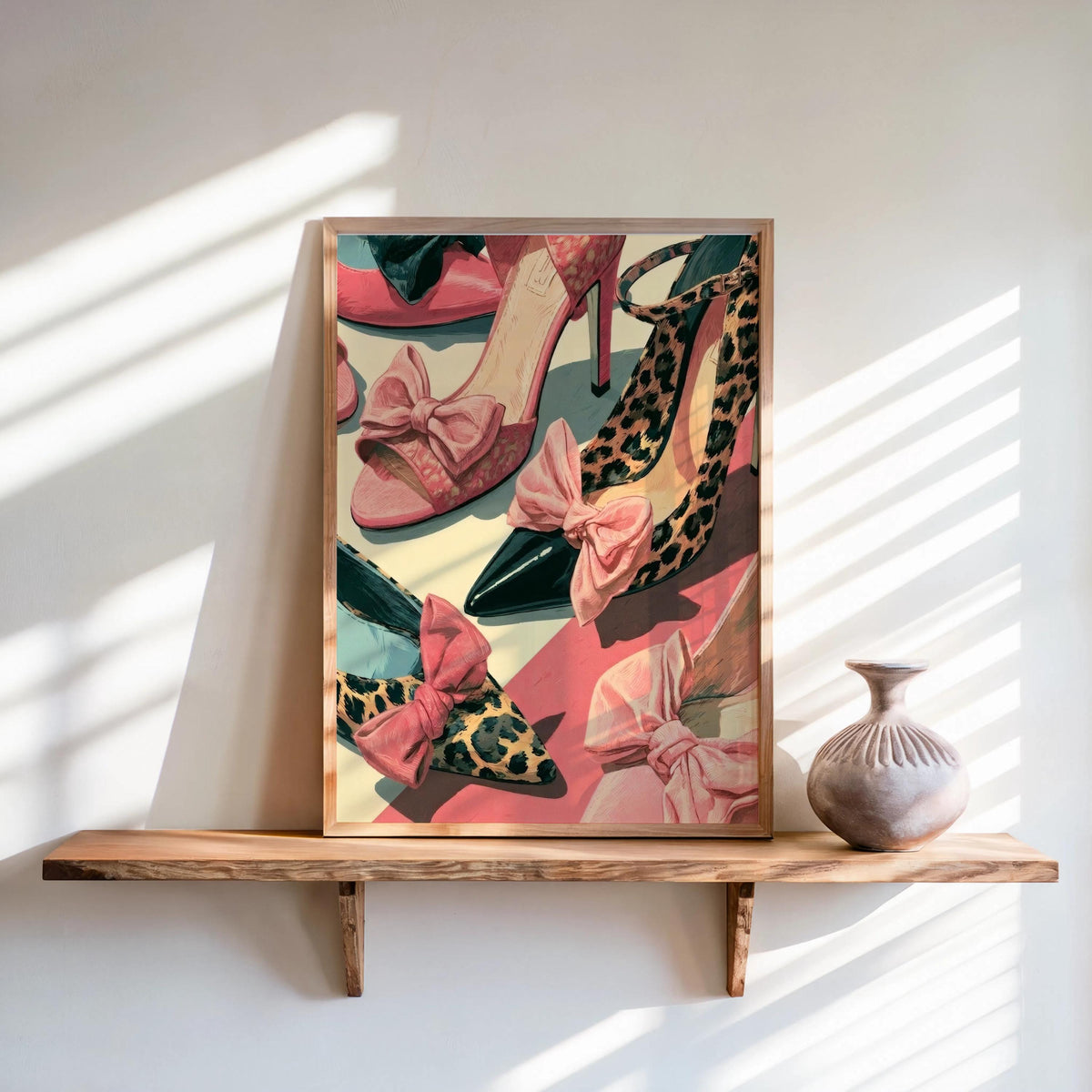 Framed high heels wall art on a floating wood shelf, pinks and corals, leopard print heels, ceramic vase