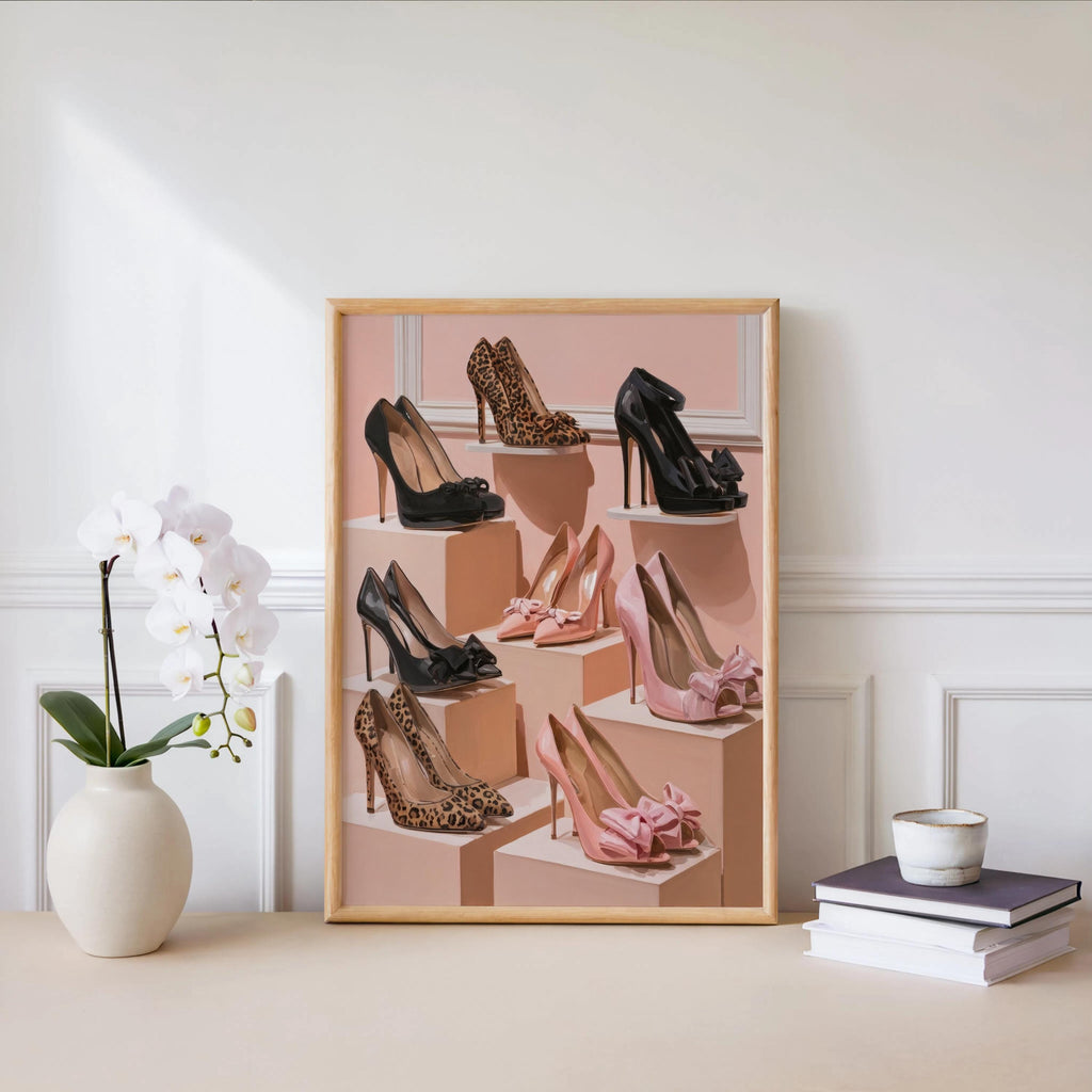 High Heel Shoe Wall Art, Luxury Fashion Print, Pastel Pink Pumps Walk In Closet Poster, Coquette Stiletto Illustration, Chic Cheetah Decor