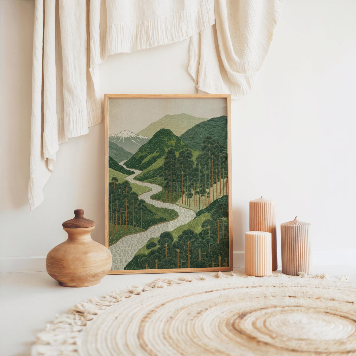 Print on a woven mat beneath flowing linen, Scandinavian Japandi wall art in soft cream and green tones