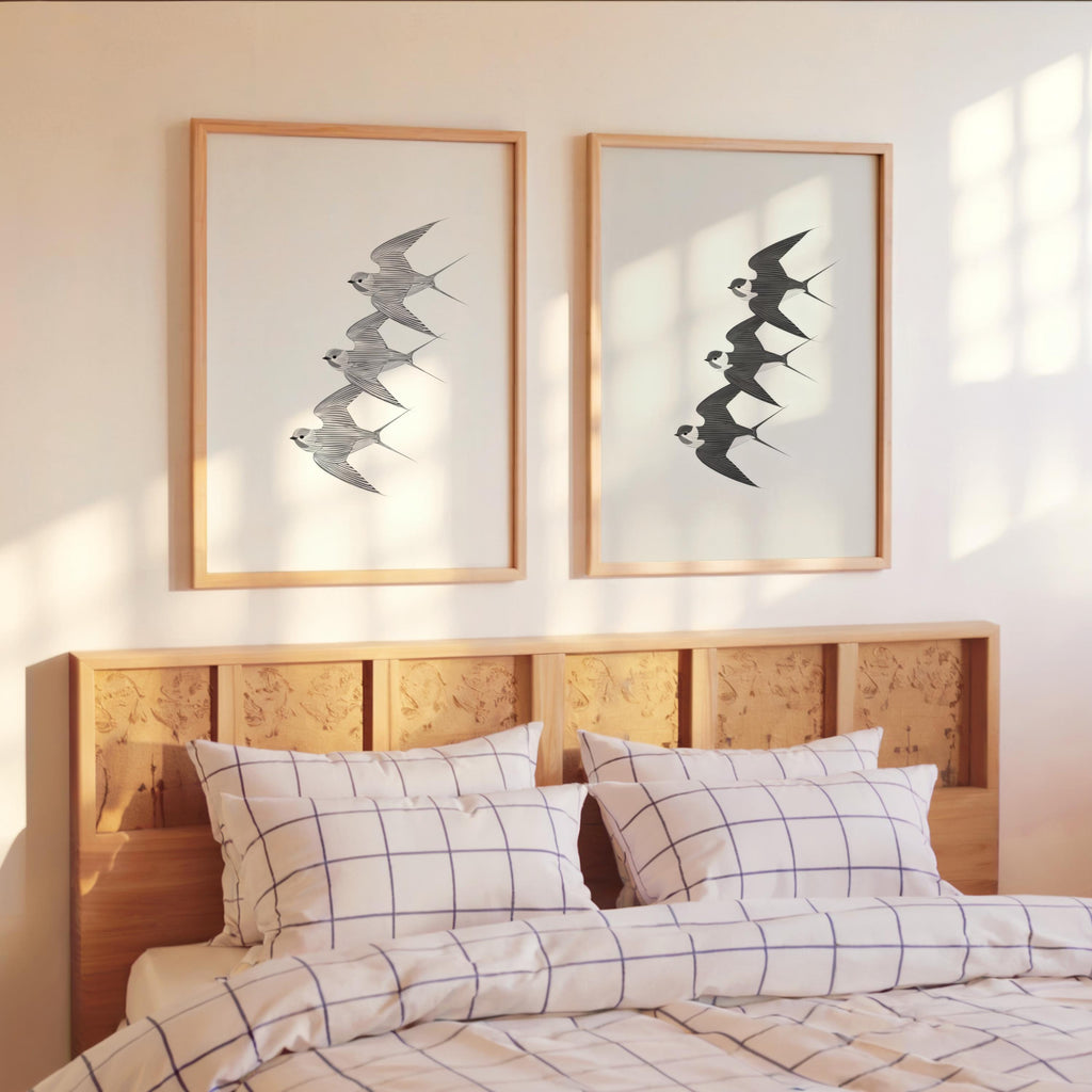 Vintage Swallow Wall Art Set of 2, Black & White Retro Flying Birds Print, Japandi Poster, Classic Nature Decor, Traditional Asian Animal