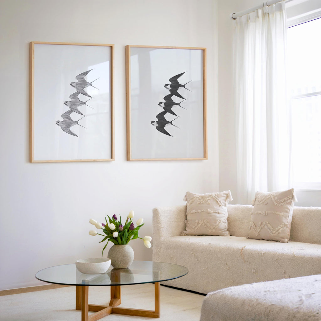 Vintage Swallow Wall Art Set of 2, Black & White Retro Flying Birds Print, Japandi Poster, Classic Nature Decor, Traditional Asian Animal