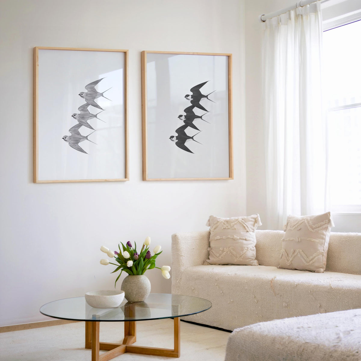 Vintage Swallow Wall Art Set of 2, Black & White Retro Flying Birds Print, Japandi Poster, Classic Nature Decor, Traditional Asian Animal