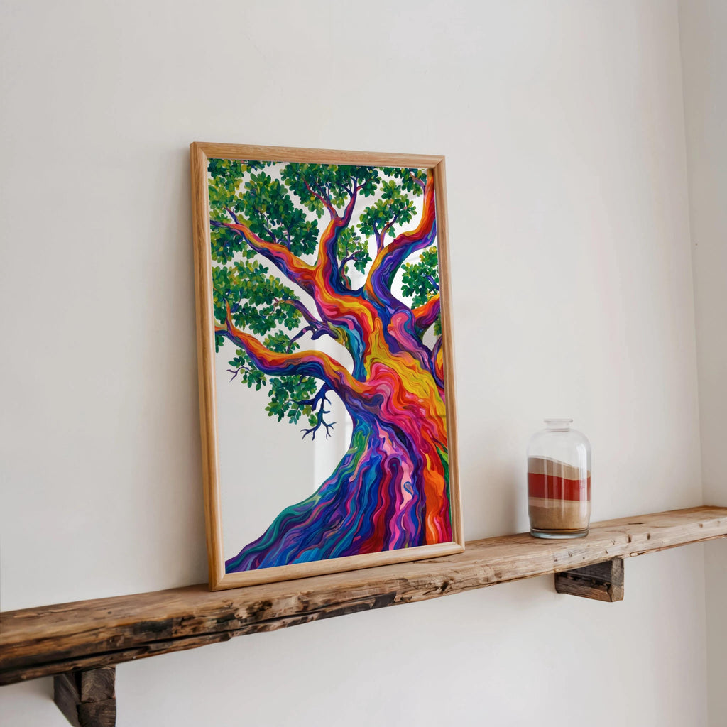 Rainbow Tree Art, Colorful Abstract Japanese Pine Tree Poster, Contemporary Nature Print, Bold Eclectic Maximalist Decor, Trippy Wall Art