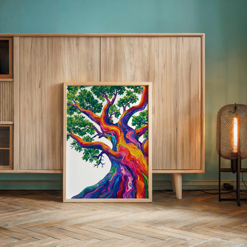 Rainbow Tree Art, Colorful Abstract Japanese Pine Tree Poster, Contemporary Nature Print, Bold Eclectic Maximalist Decor, Trippy Wall Art