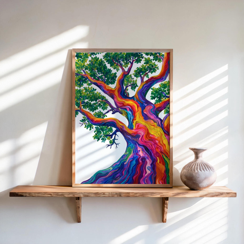 Rainbow Tree Art, Colorful Abstract Japanese Pine Tree Poster, Contemporary Nature Print, Bold Eclectic Maximalist Decor, Trippy Wall Art