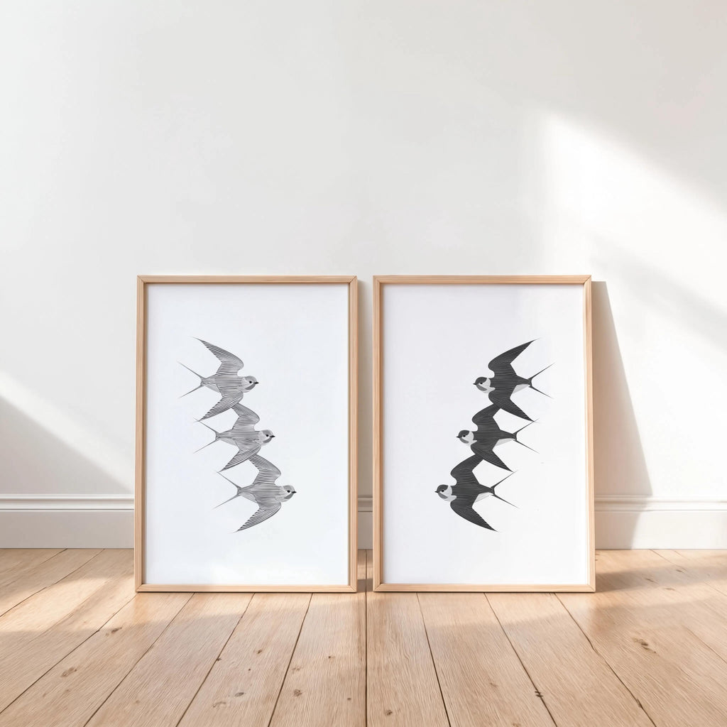 Vintage Swallow Wall Art Set of 2, Black & White Retro Flying Birds Print, Japandi Poster, Classic Nature Decor, Traditional Asian Animal