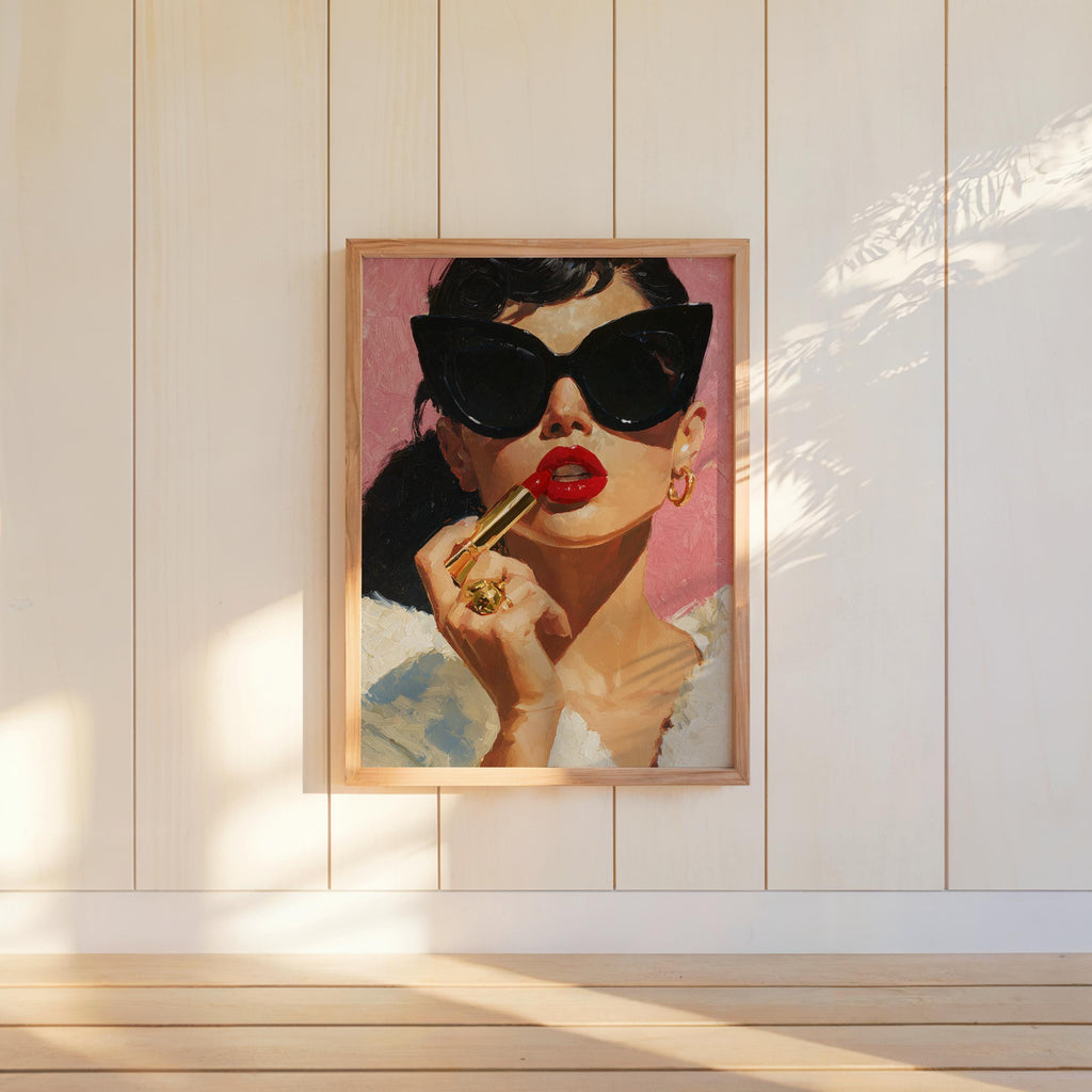 Retro Lipstick Poster, Woman Fashion Print, Vintage Girl & Sunglasses Painting, Dressing Room Wall Art, Fashionista Pop Art, Glam Gift Decor