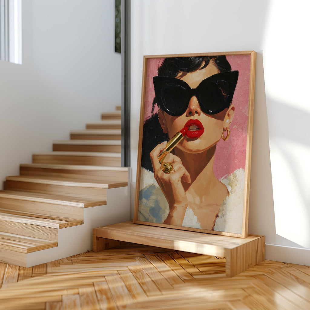 Retro Lipstick Poster, Woman Fashion Print, Vintage Girl & Sunglasses Painting, Dressing Room Wall Art, Fashionista Pop Art, Glam Gift Decor