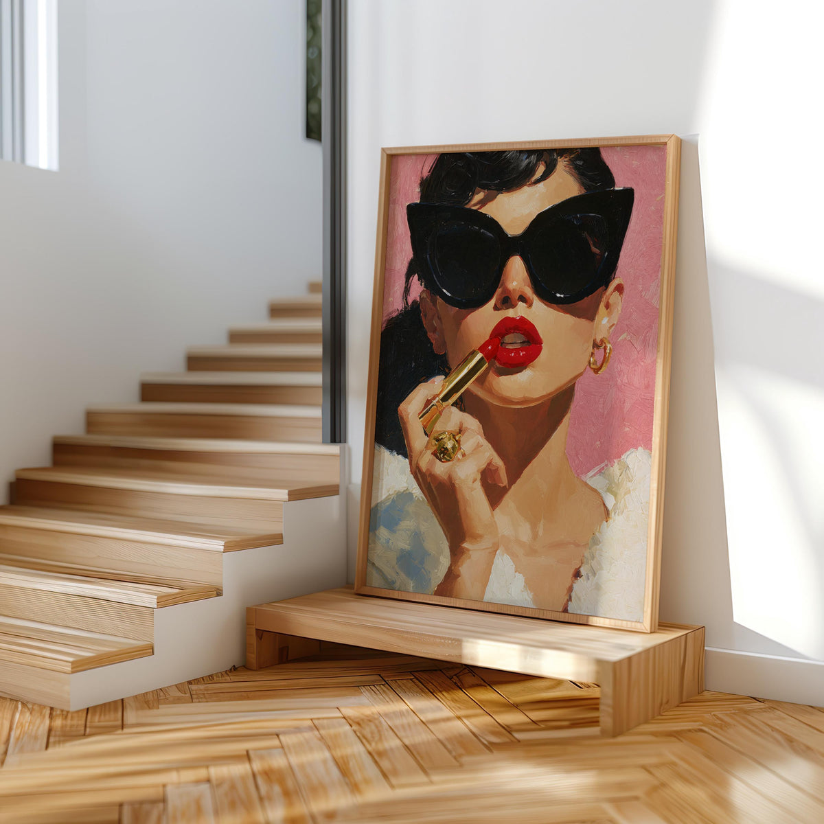 Retro Lipstick Poster, Woman Fashion Print, Vintage Girl & Sunglasses Painting, Dressing Room Wall Art, Fashionista Pop Art, Glam Gift Decor