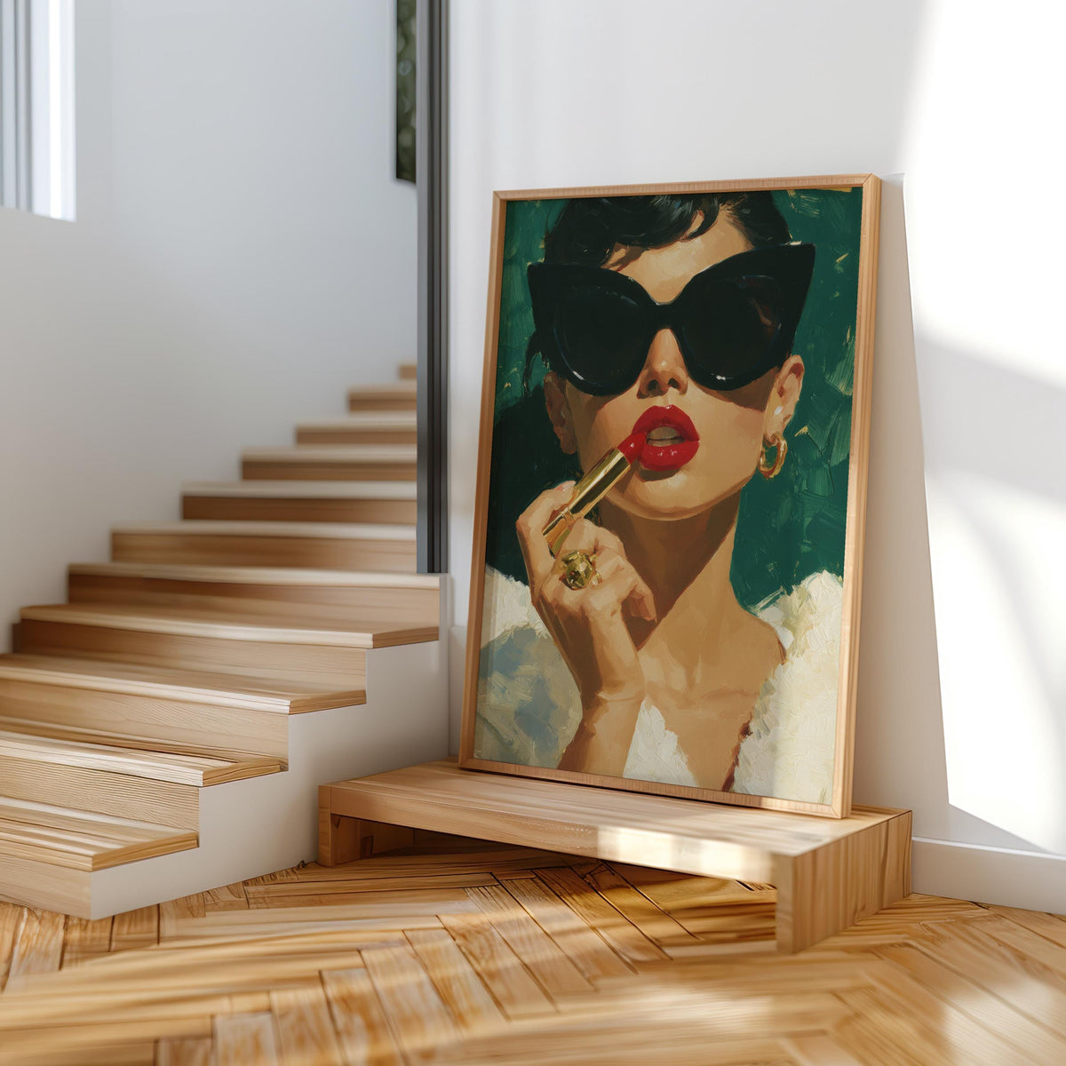 Retro Lipstick Poster, Woman Fashion Print, Vintage Girl & Sunglasses Painting, Dressing Room Wall Art, Fashionista Pop Art, Glam Gift Decor