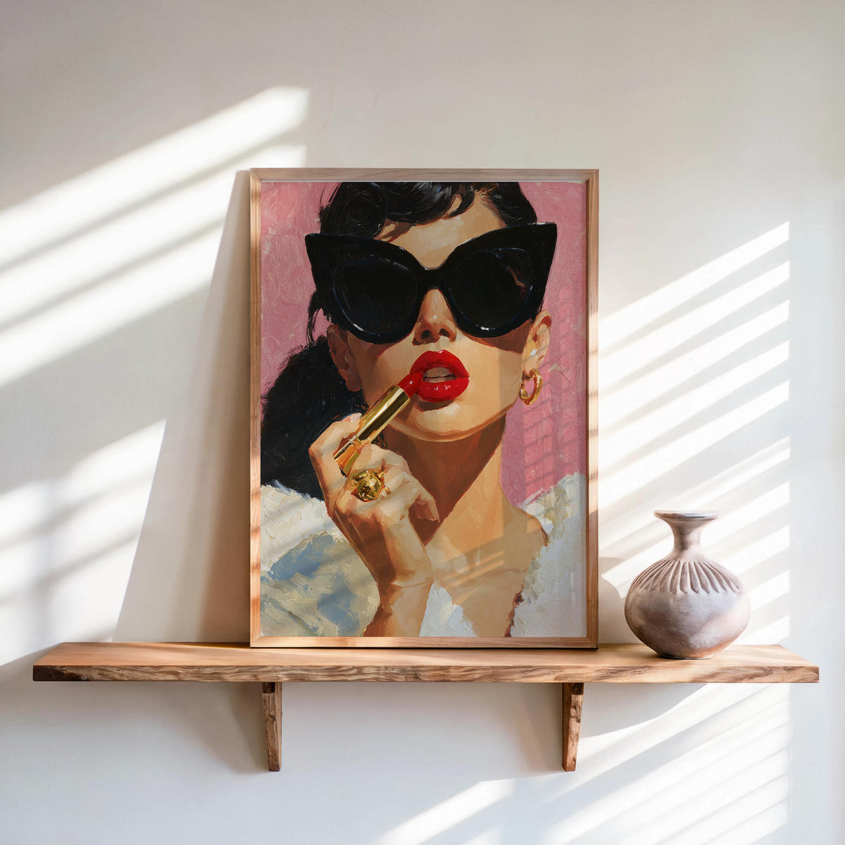 Retro Lipstick Poster, Woman Fashion Print, Vintage Girl & Sunglasses Painting, Dressing Room Wall Art, Fashionista Pop Art, Glam Gift Decor