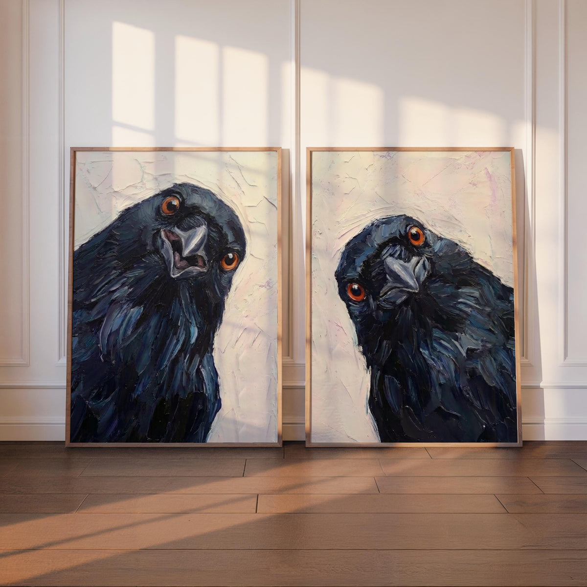 Whimsical Crows Wall Art Set of 2, Curious Raven Portrait, Moody Bird Lover Painting, Rustic Animal Print, Nursery Gift, Modern Home Decor