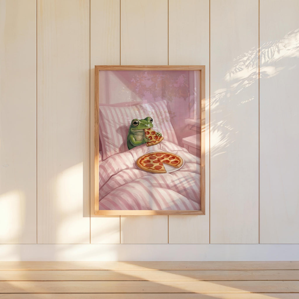 Frog Eating Pizza In Bed Print, Pastel Aesthetic Bedroom Wall Art, Whimsical Animal Illustration, Funny Striped Cottagecore Kitchen Poster