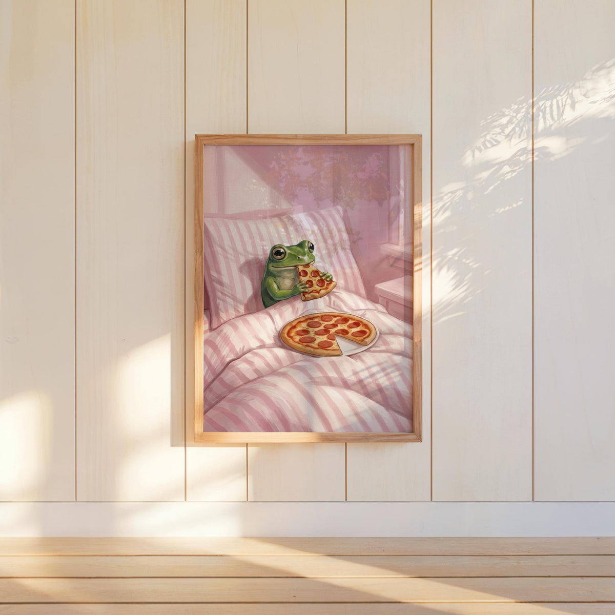 Frog Eating Pizza In Bed Print, Pastel Aesthetic Bedroom Wall Art, Whimsical Animal Illustration, Funny Striped Cottagecore Kitchen Poster