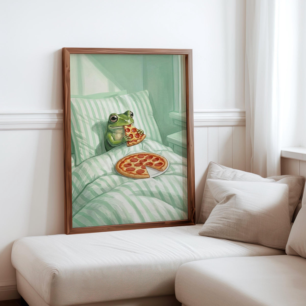 Frog Eating Pizza In Bed Print, Pastel Aesthetic Bedroom Wall Art, Whimsical Animal Illustration, Funny Striped Cottagecore Kitchen Poster