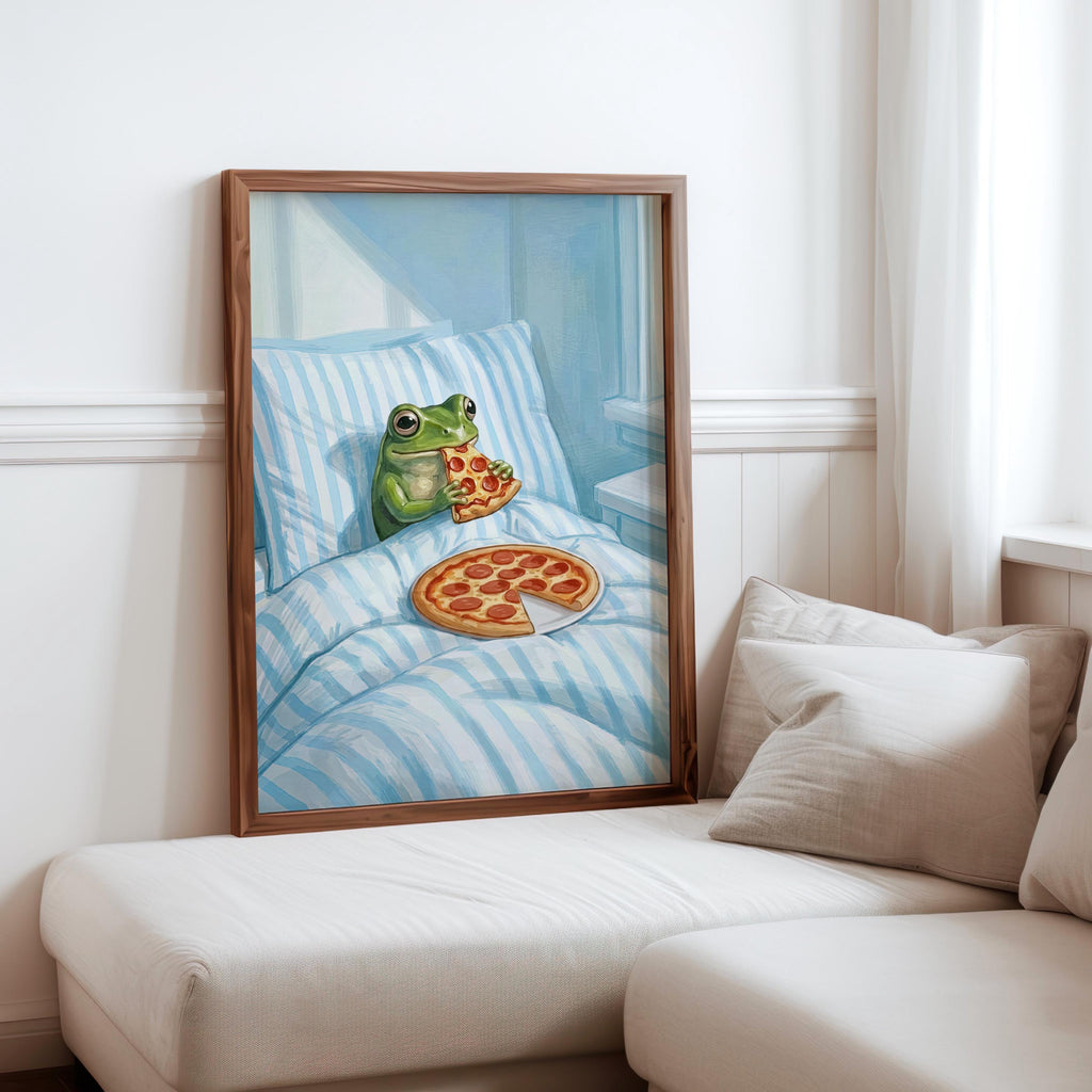Frog Eating Pizza In Bed Print, Pastel Aesthetic Bedroom Wall Art, Whimsical Animal Illustration, Funny Striped Cottagecore Kitchen Poster