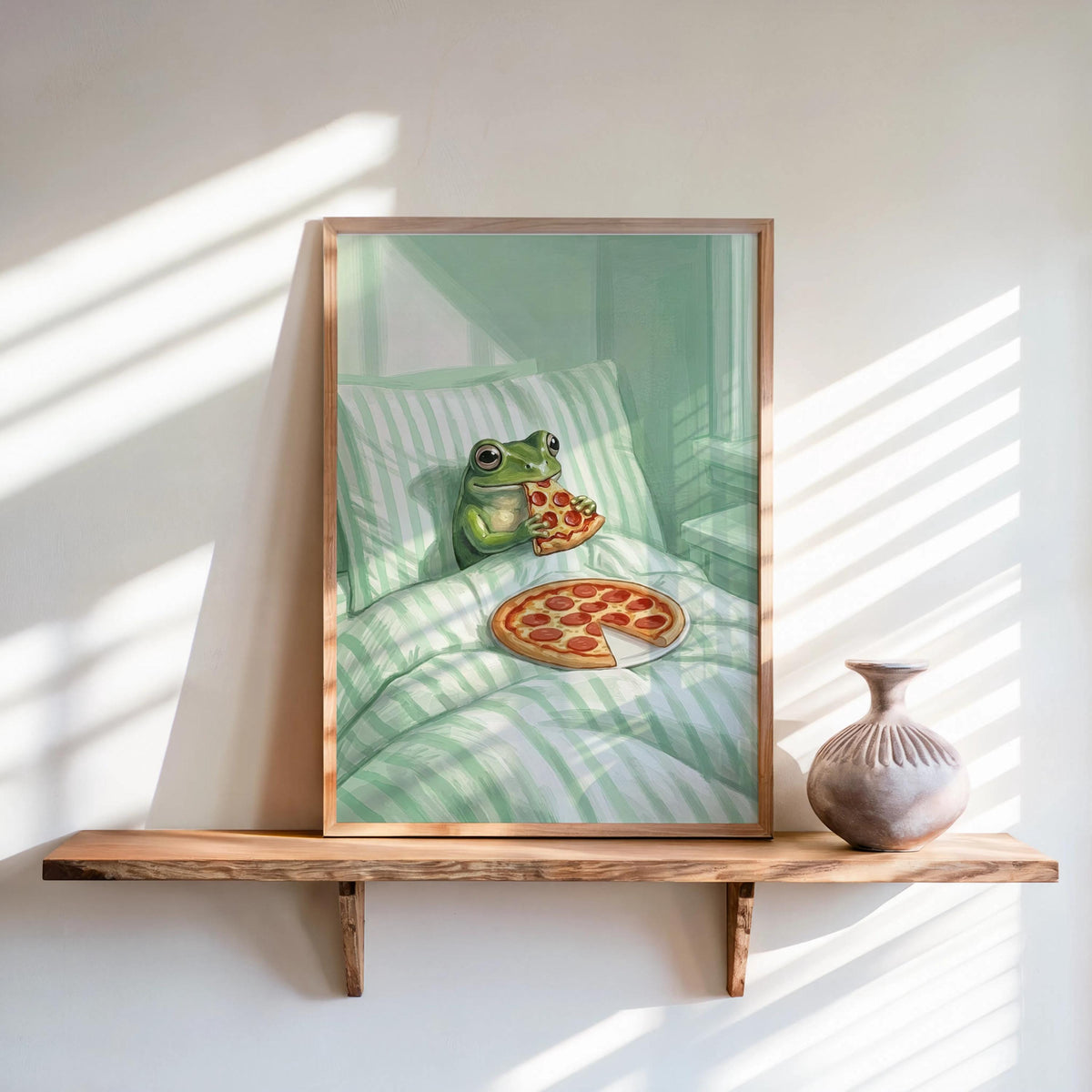 Frog Eating Pizza In Bed Print, Pastel Aesthetic Bedroom Wall Art, Whimsical Animal Illustration, Funny Striped Cottagecore Kitchen Poster
