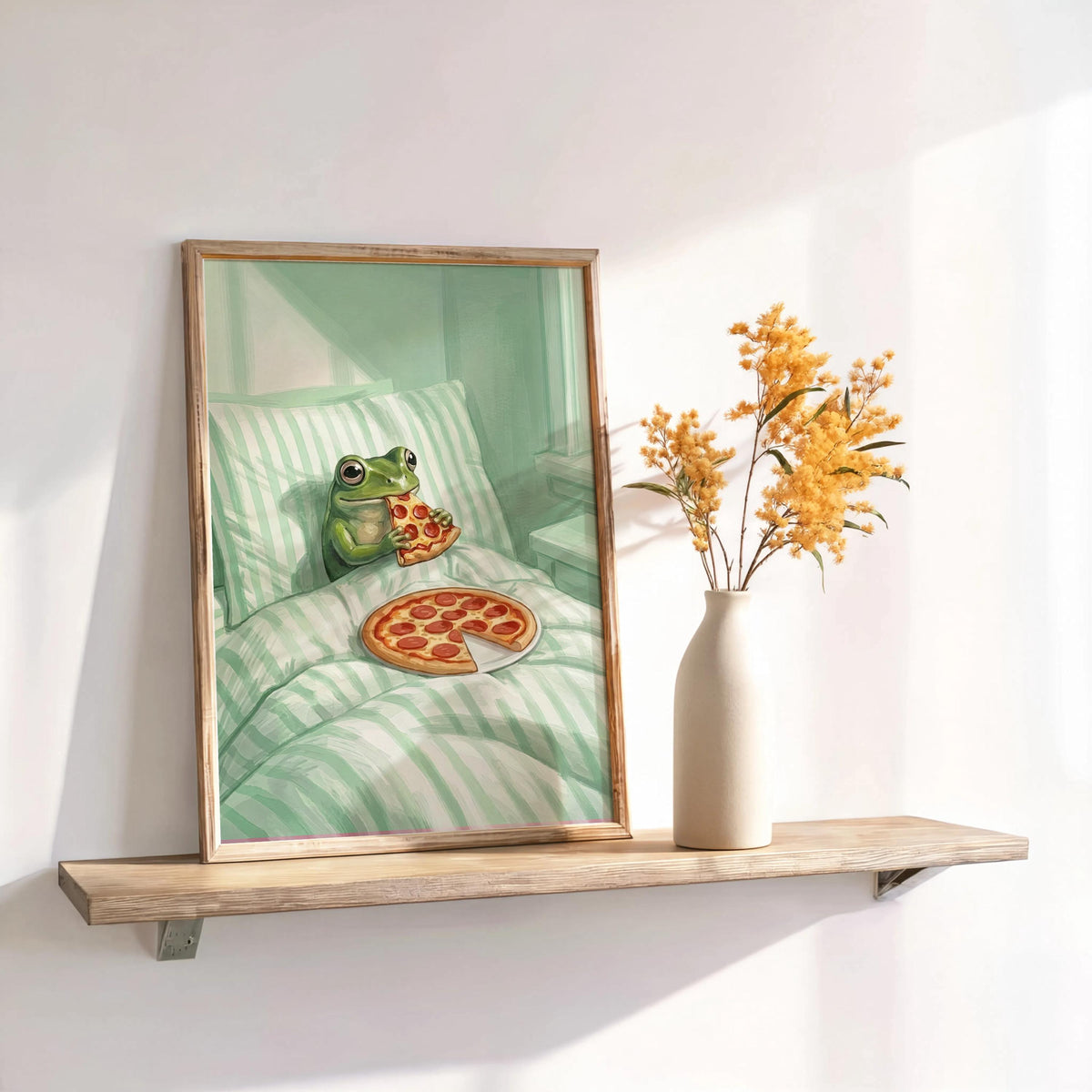 Frog Eating Pizza In Bed Print, Pastel Aesthetic Bedroom Wall Art, Whimsical Animal Illustration, Funny Striped Cottagecore Kitchen Poster