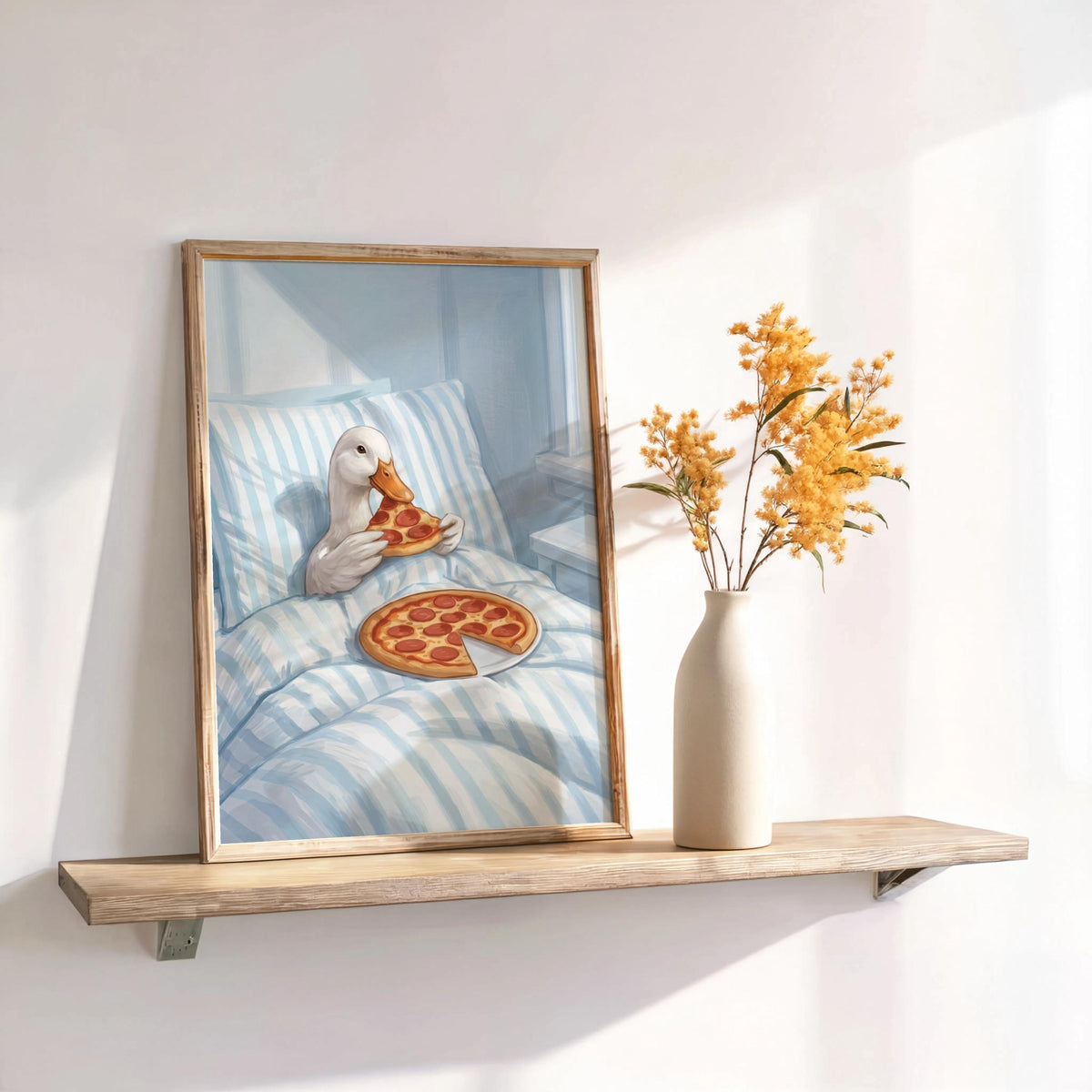 Duck Eating Pizza in Bed Art Print, Funny Bird Bedroom Poster, Whimsical Farm Animal Illustration, Quirky Goose Cottagecore Kitchen Decor