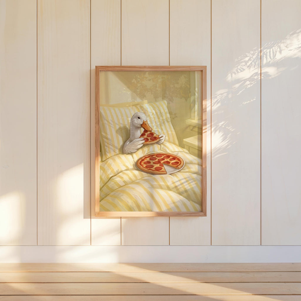 Duck Eating Pizza in Bed Art Print, Funny Bird Bedroom Poster, Whimsical Farm Animal Illustration, Quirky Goose Cottagecore Kitchen Decor