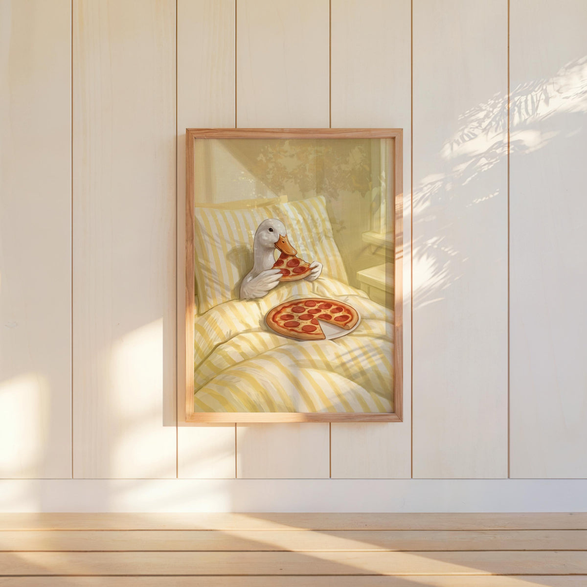 Duck Eating Pizza in Bed Art Print, Funny Bird Bedroom Poster, Whimsical Farm Animal Illustration, Quirky Goose Cottagecore Kitchen Decor