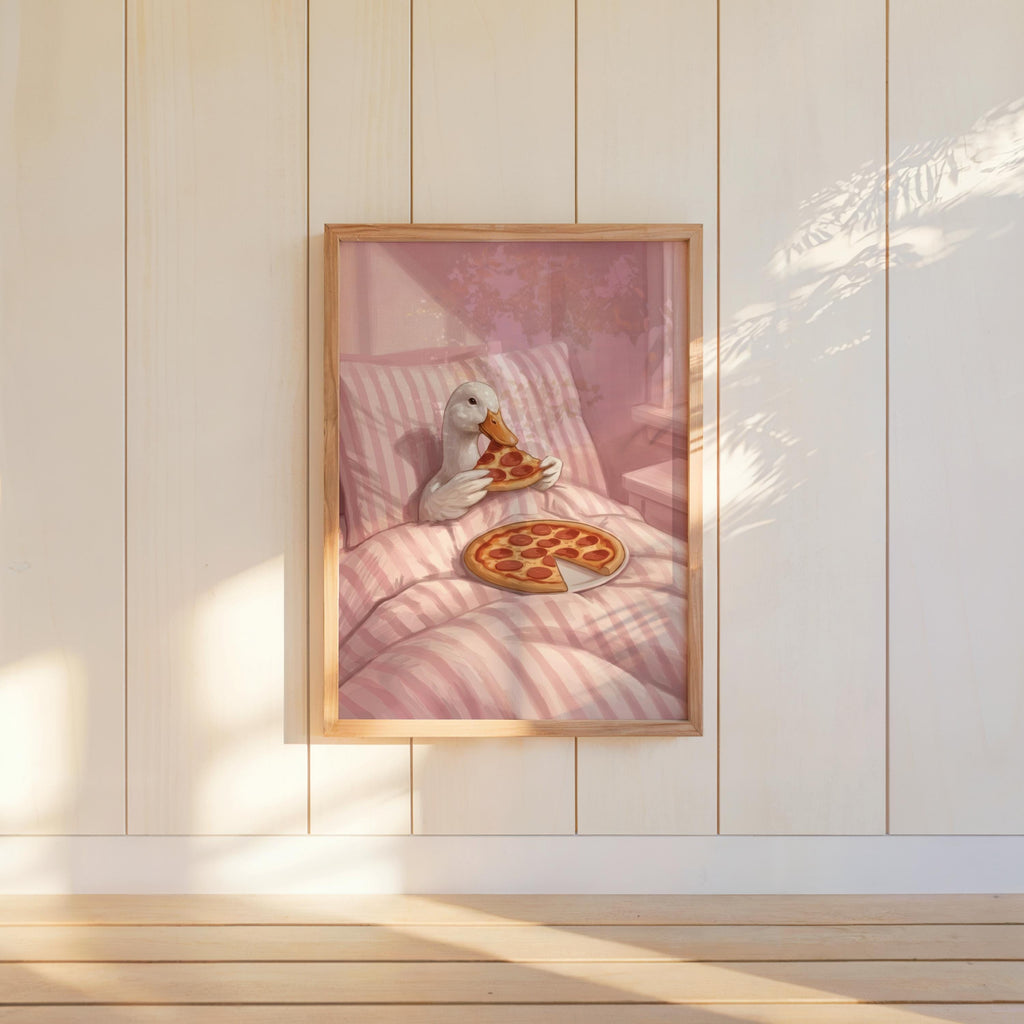Duck Eating Pizza in Bed Art Print, Funny Bird Bedroom Poster, Whimsical Farm Animal Illustration, Quirky Goose Cottagecore Kitchen Decor