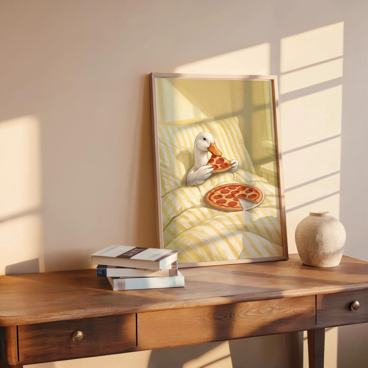 Duck Eating Pizza in Bed Art Print, Funny Bird Bedroom Poster, Whimsical Farm Animal Illustration, Quirky Goose Cottagecore Kitchen Decor