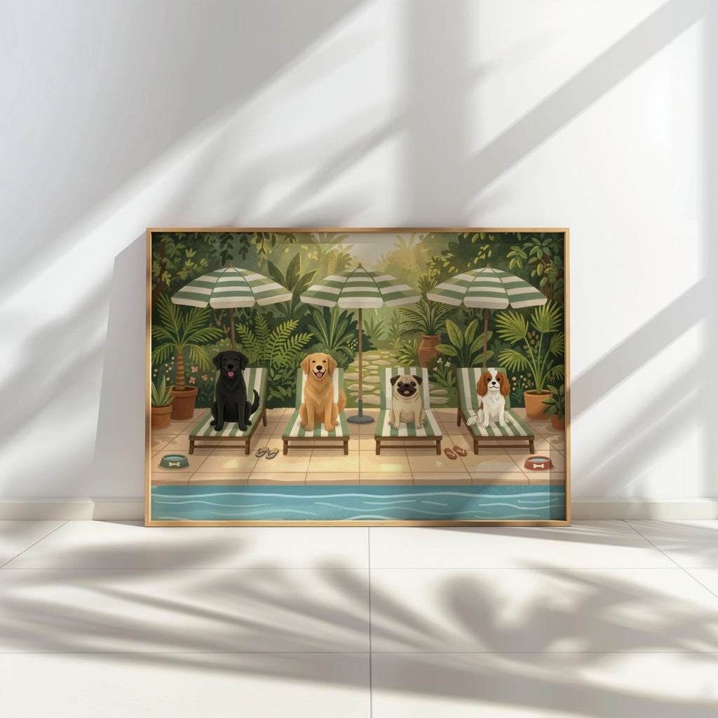 Poolside Dog Wall Art, Funny Dogs on Sun Loungers Print, Retro Tropical Garden Poster, Summer Home Decor, Pet Lover Gift, Dog Mom Gift