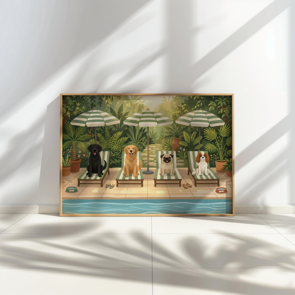Poolside Dog Wall Art, Funny Dogs on Sun Loungers Print, Retro Tropical Garden Poster, Summer Home Decor, Pet Lover Gift, Dog Mom Gift
