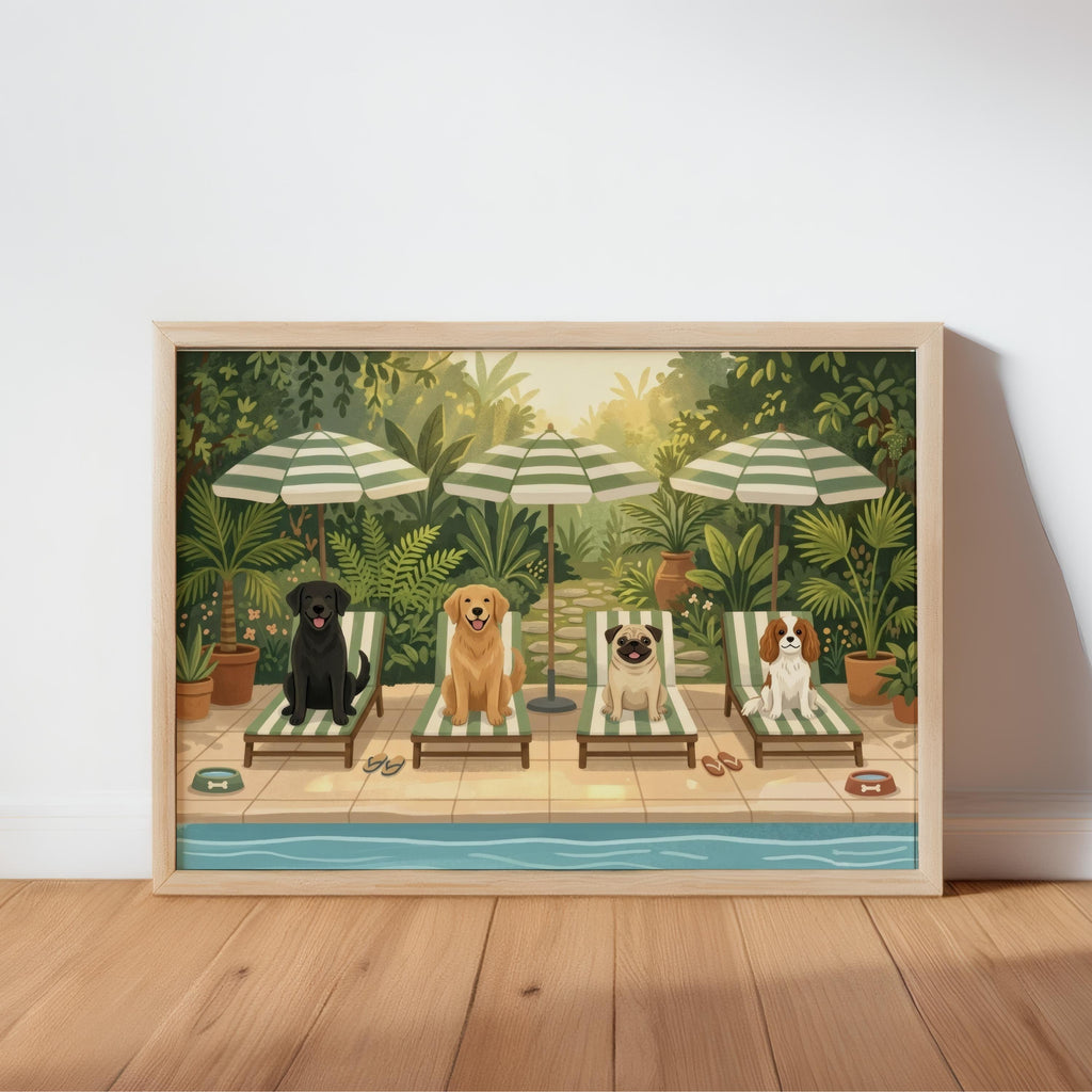 Poolside Dog Wall Art, Funny Dogs on Sun Loungers Print, Retro Tropical Garden Poster, Summer Home Decor, Pet Lover Gift, Dog Mom Gift