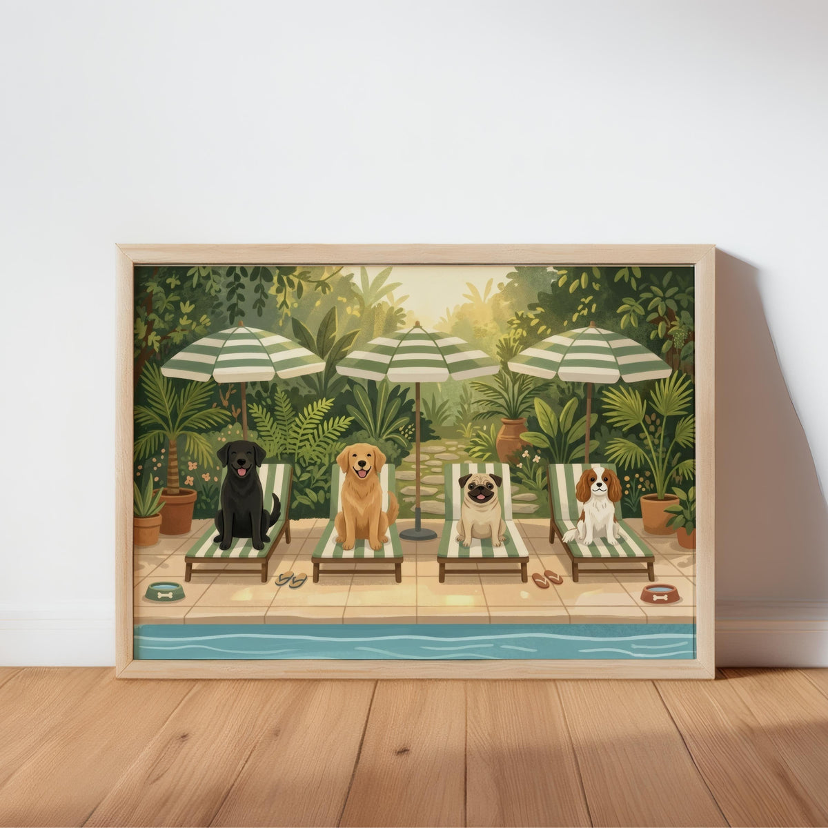 Poolside Dog Wall Art, Funny Dogs on Sun Loungers Print, Retro Tropical Garden Poster, Summer Home Decor, Pet Lover Gift, Dog Mom Gift