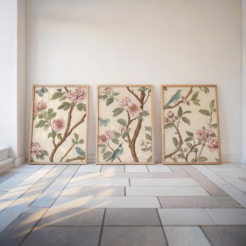 Neutral Chinoiserie Set of 2, Beige Pastel Floral Birds Print, Chinese Wallpaper, Retro Coquette Wall Art, Light Botanical Tapestry Painting